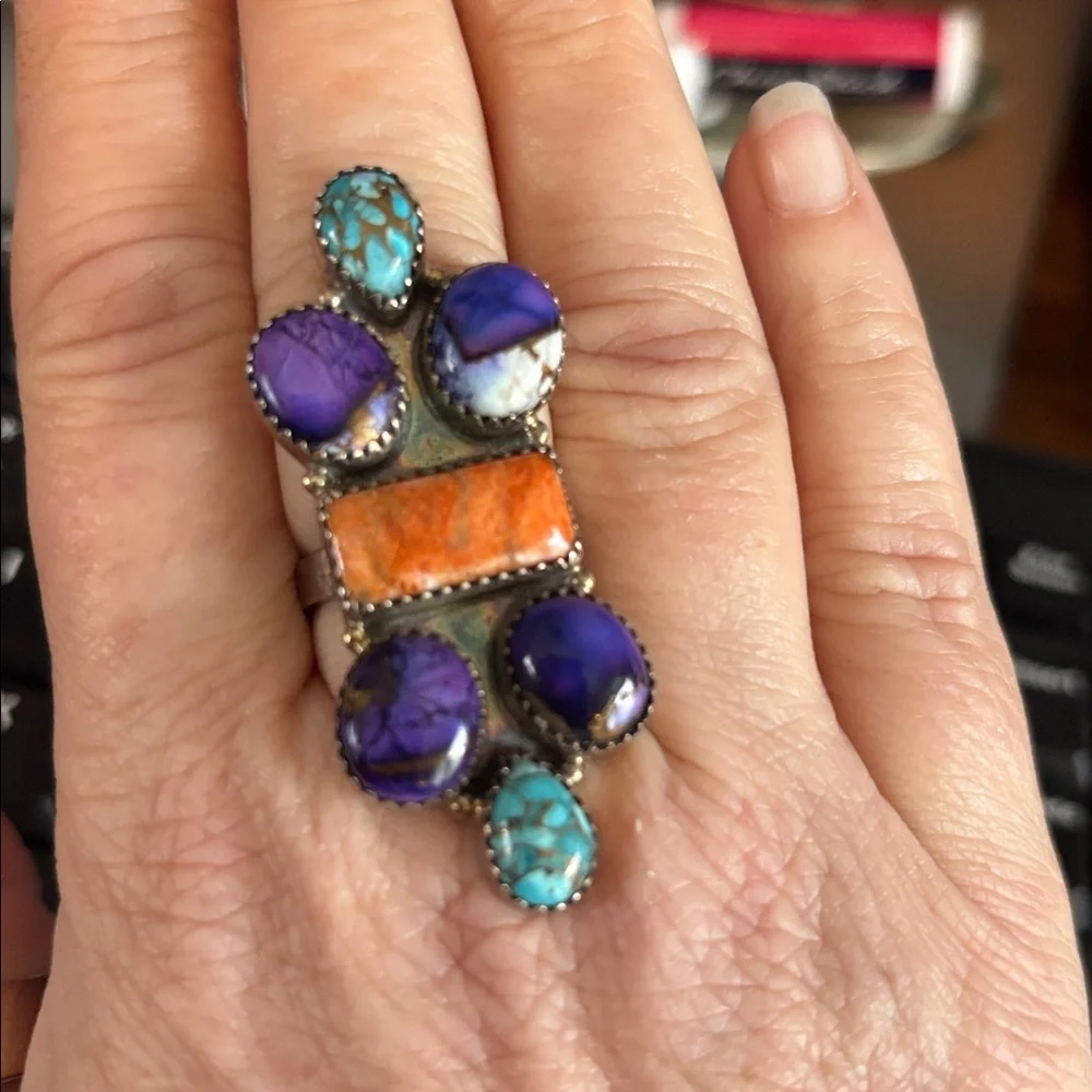 Stirling Silver Spiny Oyster & Turquoise Adjustable Ring